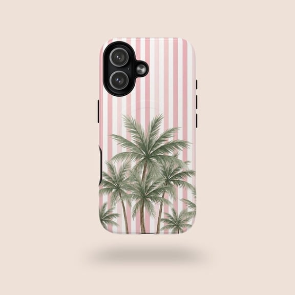Pink Palm Tree Stripe Phone Case, Tropical Summer Aesthetic Cover, Tough Magnetic Compatible Protective Case with Coastal Vacation Style