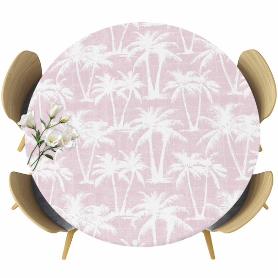 Pink Palm Tree Summer Round Tablecloth 45-54 Inch Round Fitted Table Cloth with Elastic Edge, Beach Tropical Botanical Coastal Waterproof Table Cover Protector for Outdoor Picnic Party Dining
