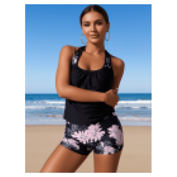 Pink Palm Tree Tankini Swimsuit Women - Cutout Slim Fit Two Piece Bathing Suit Tummy Control - Sexy Beach Vacation Swimwear Tropical Print S-16W