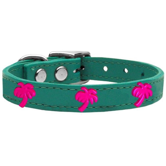 Pink Palm Tree Widget Genuine Leather Dog Collar, Jade - Size 20