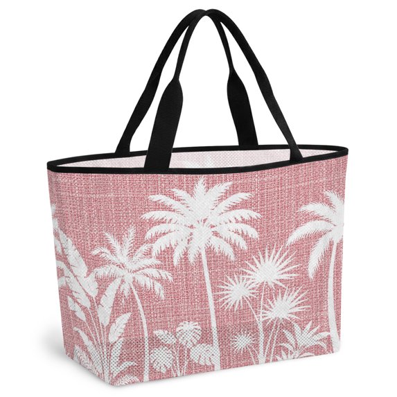 Pink Palm Trees Beach Bag for Women, Large Breathable Mesh Beach Tote Bag, Tropical Vintage Summer Botanical Sandproof Lightweight Travel Bags for Vacation Picnic Swimming Pool 15.7"x15.7"x9.1"