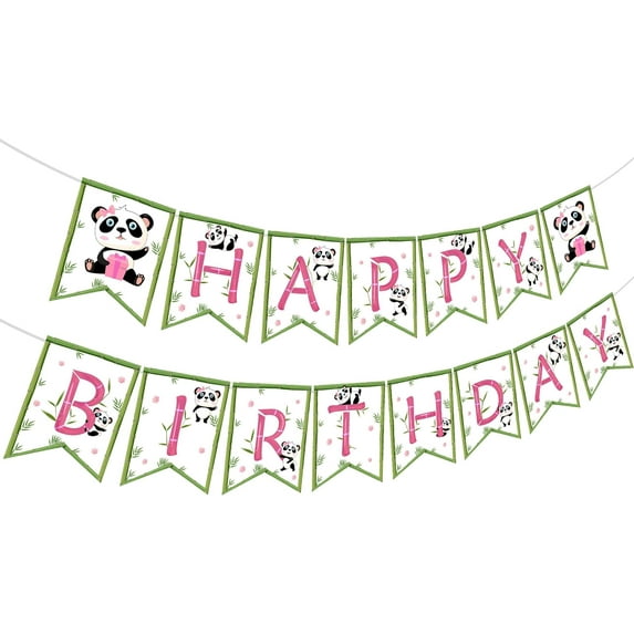 Pink Panda Happy Birthday Banner for Girls - Panda Bamboo Theme Birthday Party Supplies, Jungle Safari Animal Birthday Party Reveal Decorations