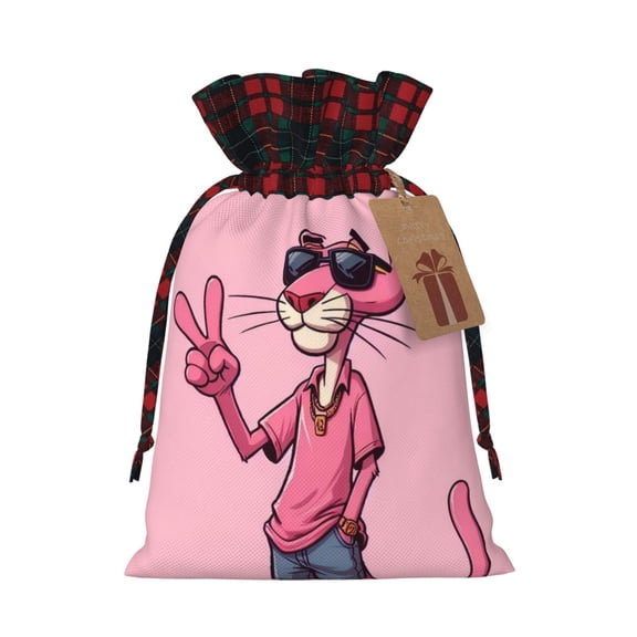 Pink Panther Christmas Drawstring Bags Eco-Friendly Fabric Sacks Xmas Storage Bags With Kraft Tag For Holiday Candy Party Gift (Medium)