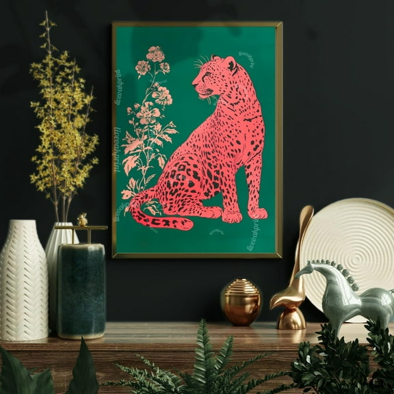 Pink Panther On Emerald Green Wall Art - Bold Maximalist Animal Print - Vintage Botanical Decor - Modern Eclectic Home Art Wall Art, Modern Wall Decor, 8x12 UNFRAMED