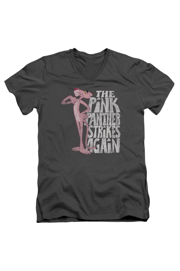 Pink Panther Strikes Again Adult V-Neck T-Shirt Charcoal