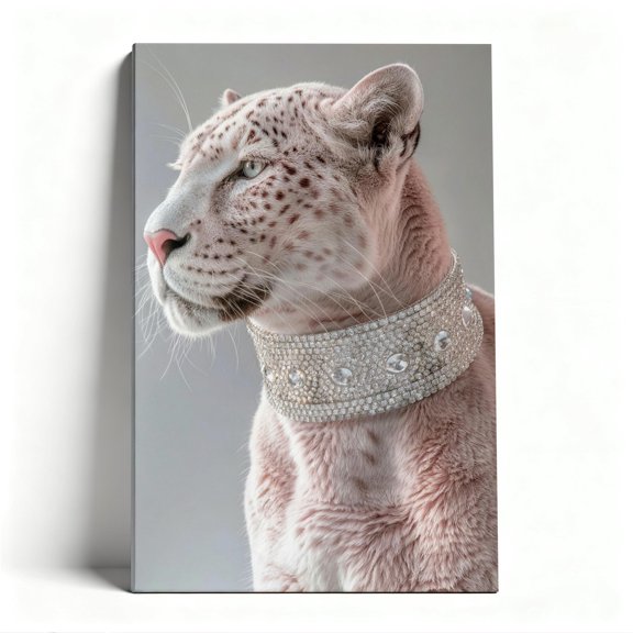 Pink Panther with Diamond Collar Canvas Wall Art, Luxe Glam Decor, Bold Feline Artwork for Modern Living Room, Ready to Hang