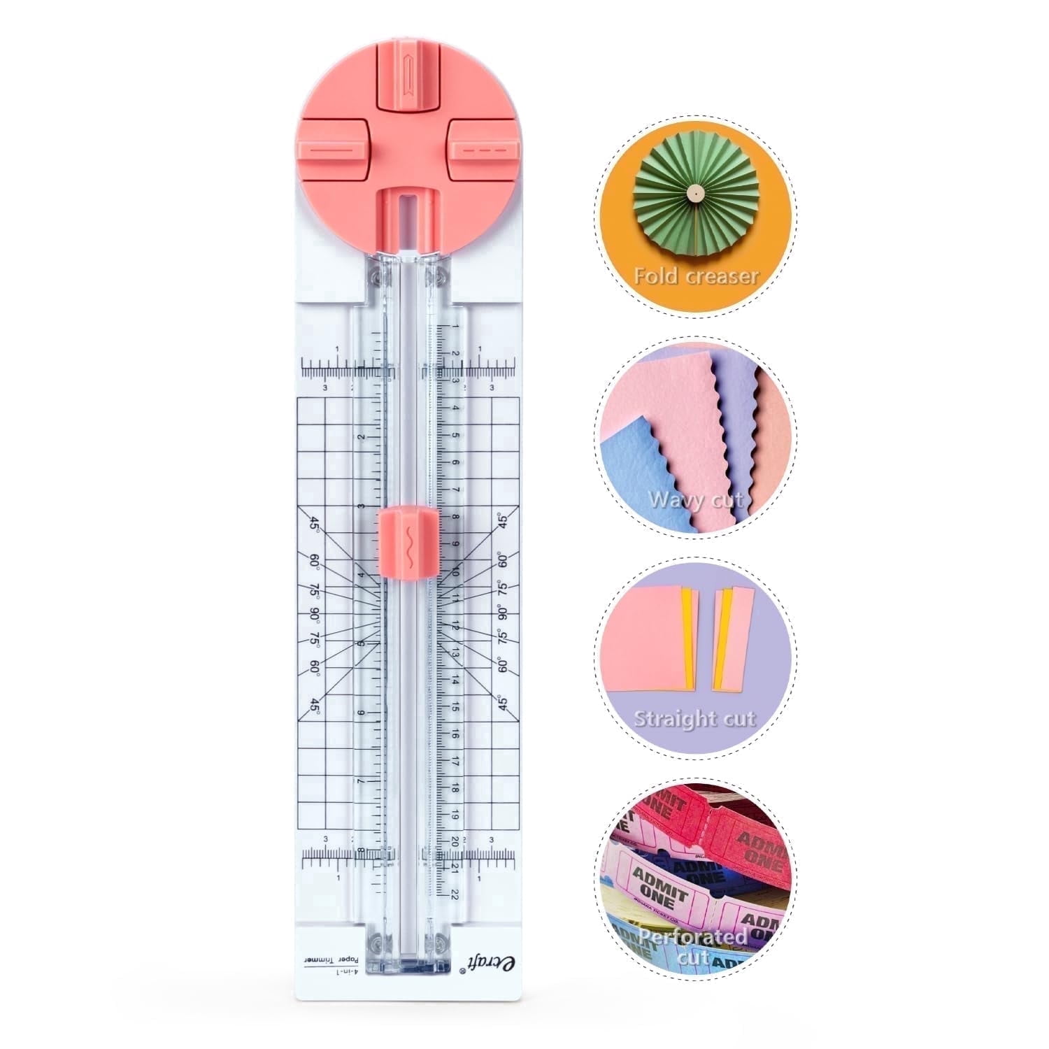 Ecraft Pink 4-in-1 Paper Cutter, Slide Rail Paper Trimmer with Straight ...