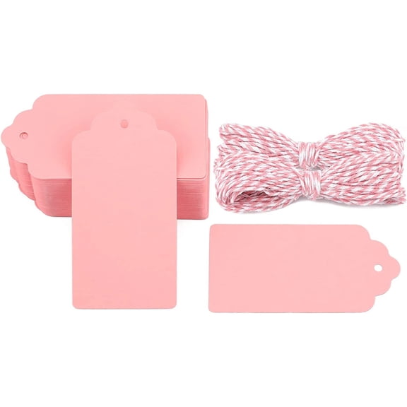 Pink Paper Gift Tags, 100PCS Kraft Paper Tags with String, 2x4 in Blank Hang Tag, Wedding Favor Tag for Gift Wrapping, Arts & Crafts, Valentine's Day, Thanksgiving, and Holiday Party Favors