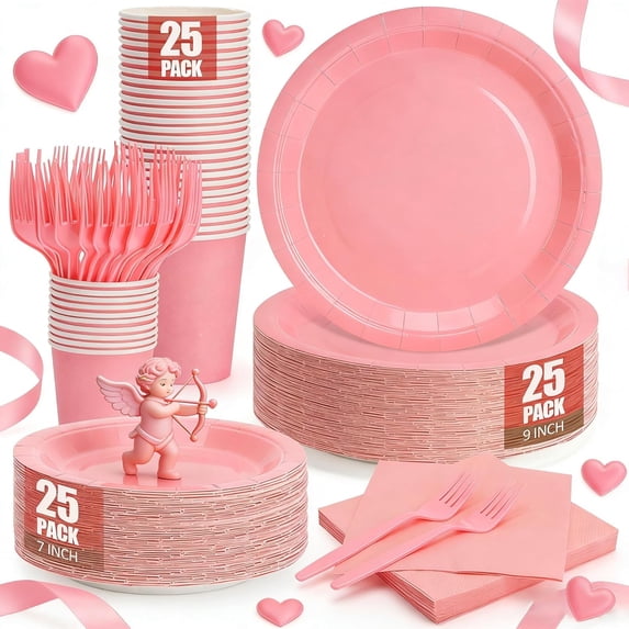 Pink Paper Plates for Party, Disposable Plates and Napkins Party Supplies Serves 25, 7&9inch Plates and Napkins Cups Forks Tableware Set for Valentines Day, Baby Shower,Wedding, Birthday