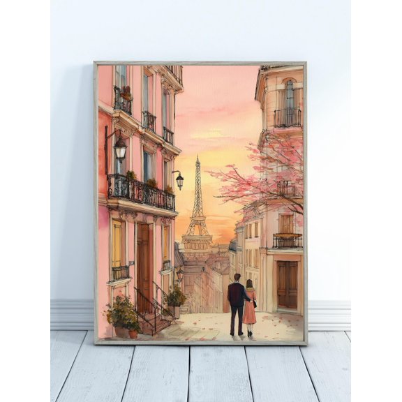 Pink Paris Cityscape Wall Art Print, Unframed Paper Poster 24x36in