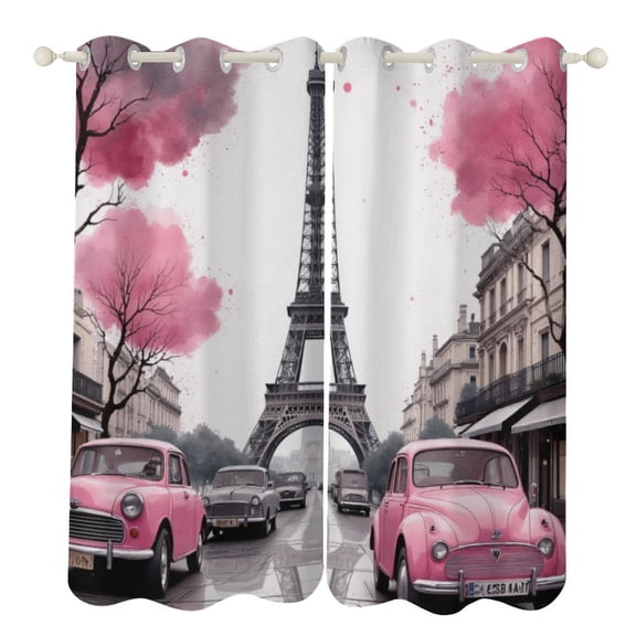 Pink Paris Eiffel Tower Scene 2 Panels 3D Printing Pattern Curtain for Bedroom Living Room Kitchen Window Decoration Home