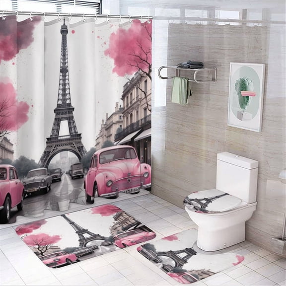 Pink Paris Eiffel Tower Scene Shower Curtain Sets Non-Slip Rugs Bath Mat Toilet Cover U Shaped Mat 4 Pcs