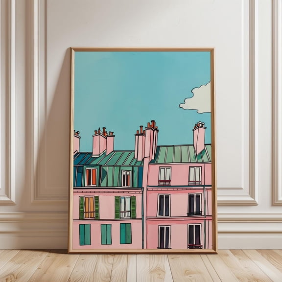 Pink Paris Rooftops Wall Art Print, Unframed Paper Poster 24x36in