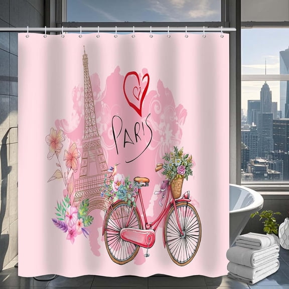 Pink Paris Shower Curtain for Girls Bathroom, France Eiffel Tower Art Modern Spring Valentine''s Day Shower Curtain Set Waterproof Bath Tub Curtain Decor with 12 Hooks, 72x72 inches