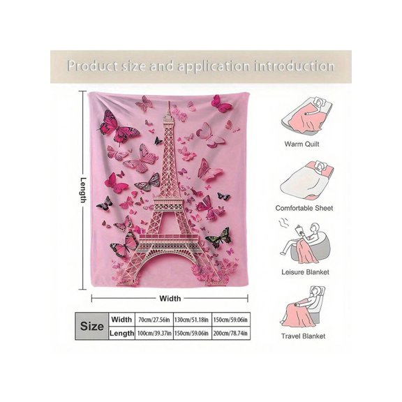 Pink Paris eiffel tower Flannel Blanket, Soft  Floral Retro Design, All-Season Polyester Throw for Bed Sofa, Machine Washable Home Decor