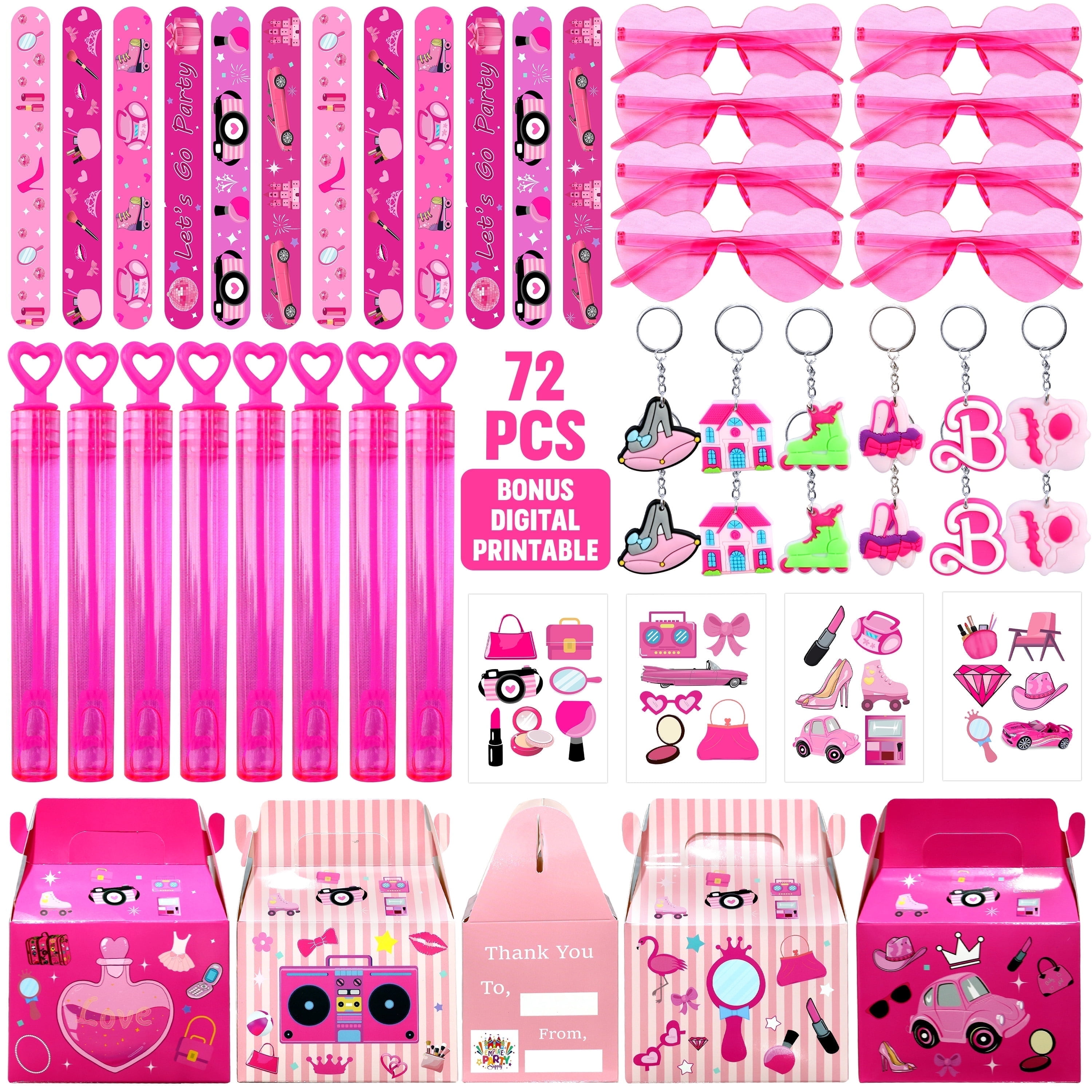 Pink Party Favors, Princess Party Stickers Keychain Hot Pink Sunglass Bubble Wand Treat Box for Girl Birthday Supplies (72 Pcs)