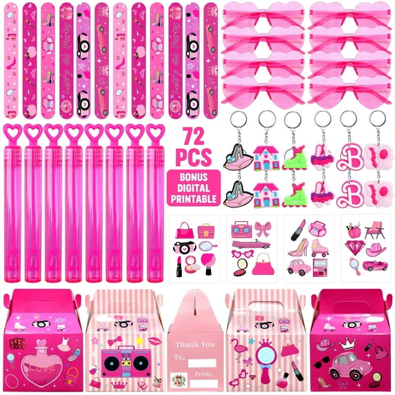 Pink Party Favors, Princess Party Stickers Keychain Hot Pink Sunglass Bubble Wand Treat Box for Girl Birthday Supplies (72 Pcs)