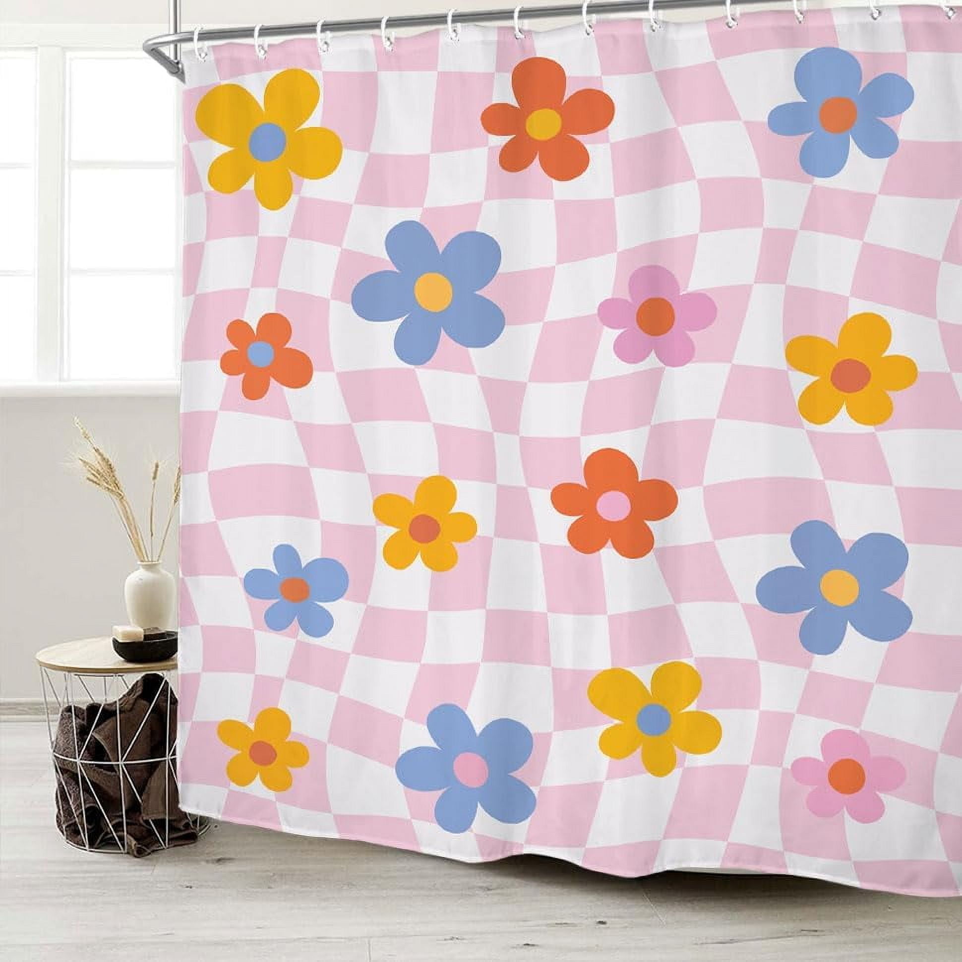 Pink Pastel Checkered Bathroom Shower Curtain 72W by 72H Inch Cute Y2K