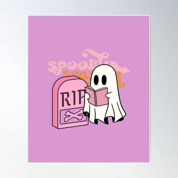 Pink Pastel Cute Ghost Boo Reading Book. Rip. Reading In Peace. Poster Wall Art, Modern Wall Decor For Living Room Bedroom, 12x18 UNFRAMED