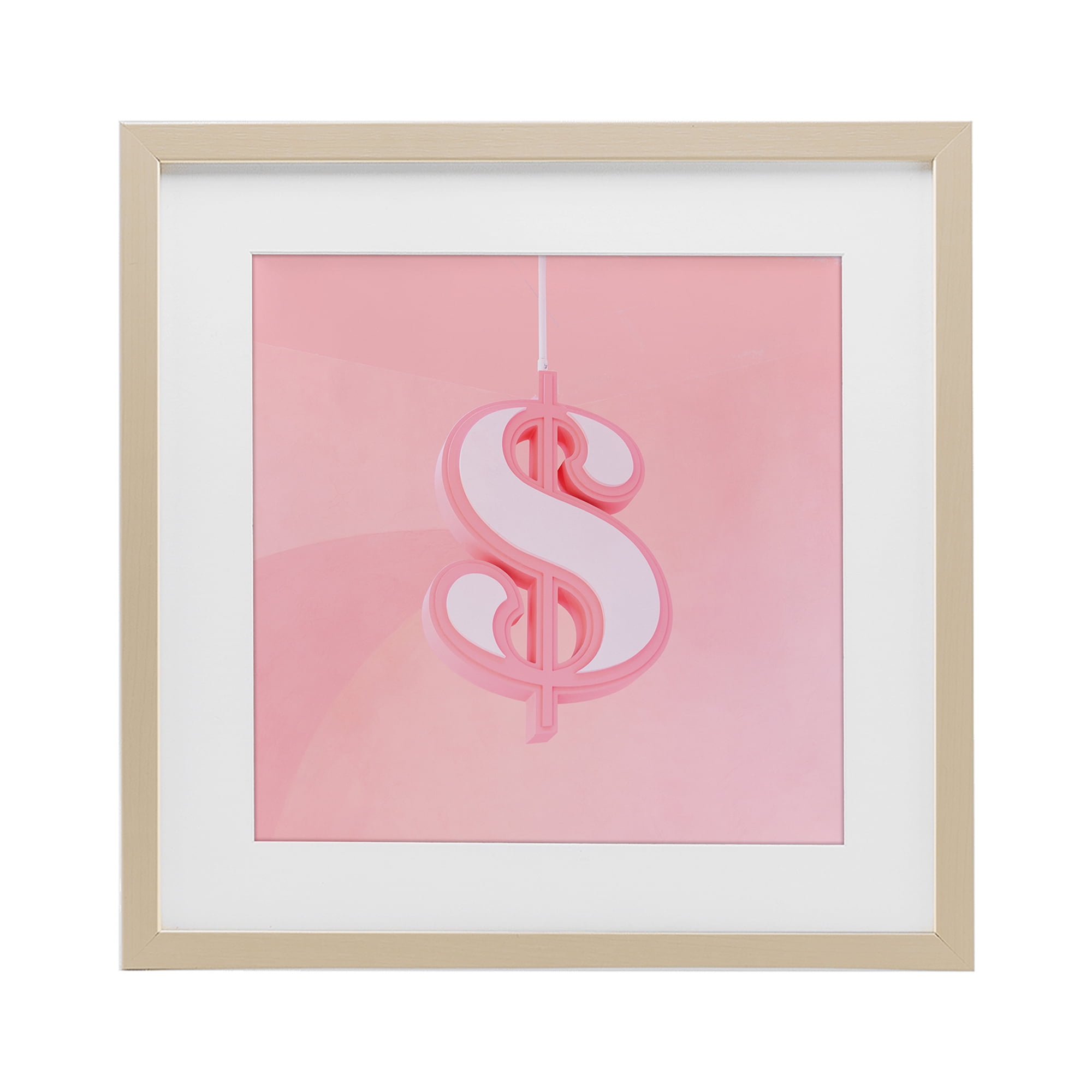 Pink Pastel Dollar Sign Birch Framed Print Under Glass, design by LISH Creative