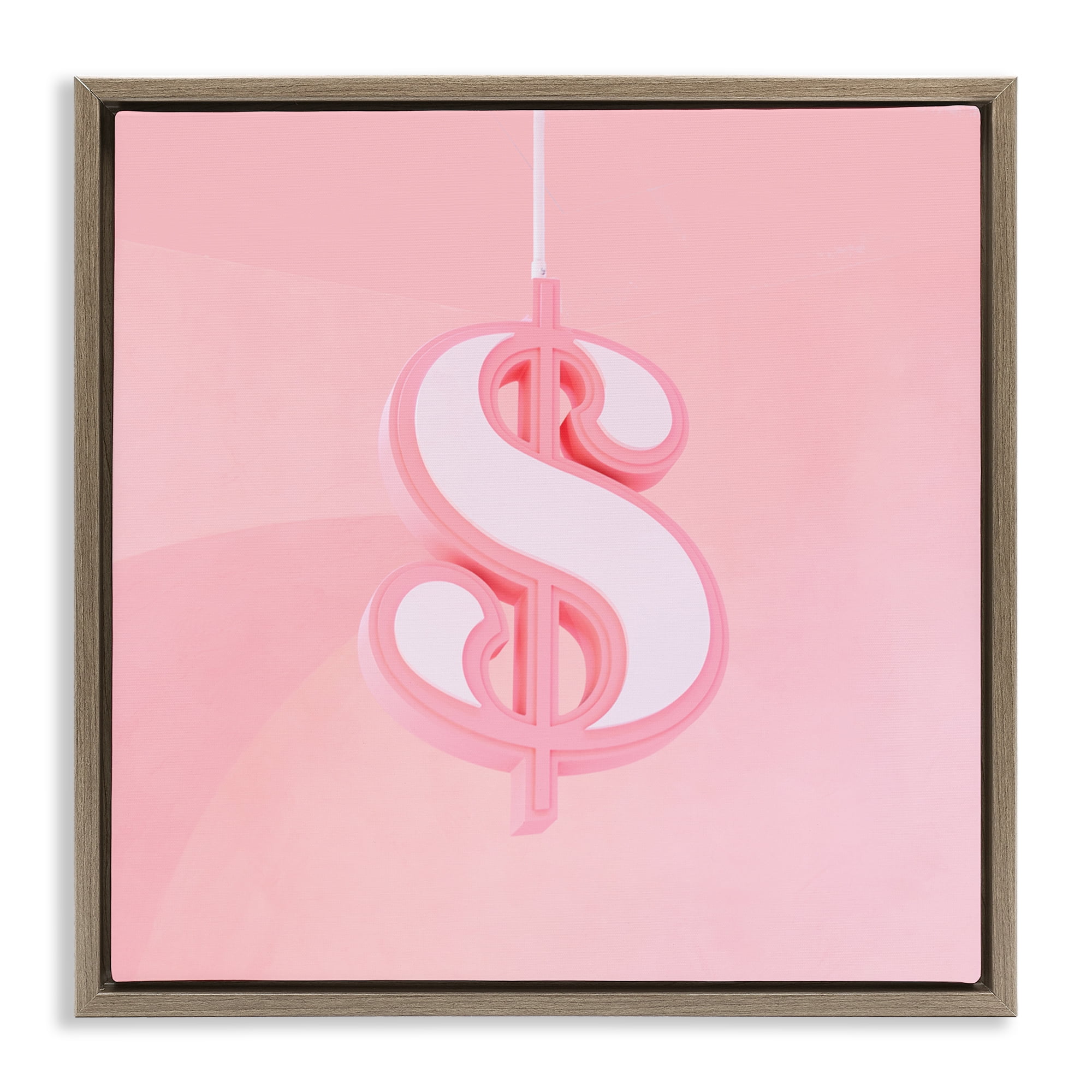 Pink Pastel Dollar Sign Brown Framed Floater Canvas Wall Art, design by LISH Creative