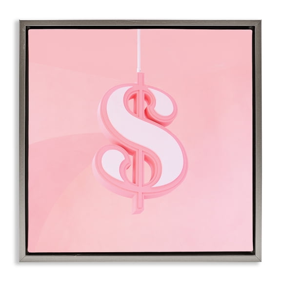Pink Pastel Dollar Sign Gray Framed Floater Canvas Wall Art, design by LISH Creative