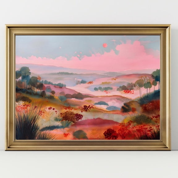 Pink Pastel Landscape Wall Art Dreamy Sunset Hills Print Ethereal Style Nature Artwork Warm Earth Tone Decor