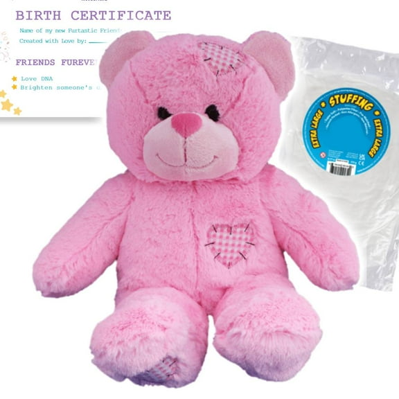Plush Gear Pink Patches Bear DIY Plush Toy Kit with Fiber Stuffing and Birth Certificate, 16-Inch
