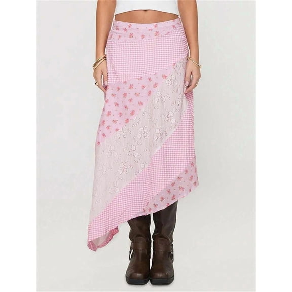 Pink Patchwork Asymmetrical Midi Skirt With Floral And Gingham Print Flowy Lightweight Vintage Style