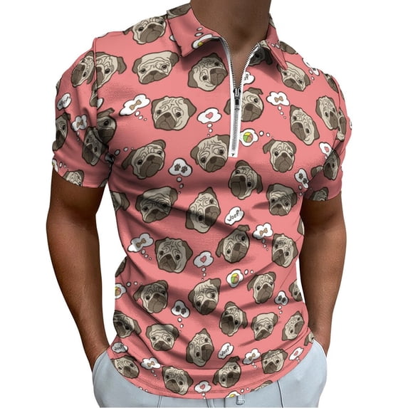 Pink Pattern with Cute Pugs Men Zipper T-shirt Summer Casual Short Sleeve T-shirt Top