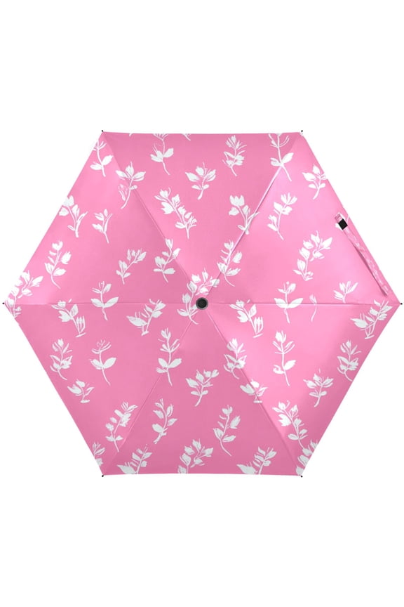 Pink Patterned Grass Umbrellas for Sun Auto Open Close UV50+ Waterproof 5-Fold Compact Fiberglass Frame