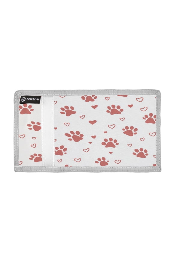 Pink Paw Print with Heart Valentine Trifold Wallets Card Holders Coin Pockets with Lanyards Portable Unisex