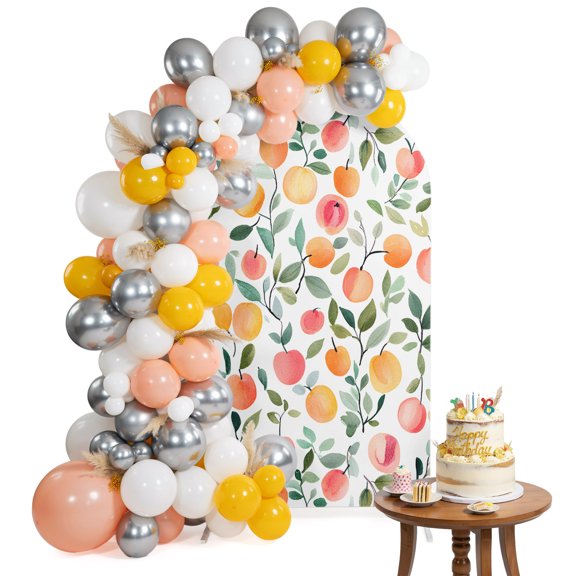 Pink Peach Arch Backdrop Cover 6FT Country Style Spring Fruit Green Leaf Spandex Fitted Arch Covers Stretchy Backdrop Decoration for Wedding Birthday Graduation Party