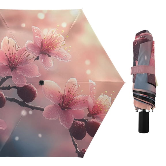 Pink Peach Blossoms Compact Sun Umbrella Windproof Travel Umbrellas for Rain Strong Portable UV Protection