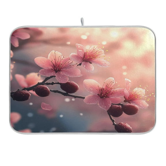 Pink Peach Blossoms Dish Drying Mat for Kitchen Counter 16x18 In Absorbent Microfiber Reversible Mats Dish Drainer Protector Rack Pad for Coffee Bar Table