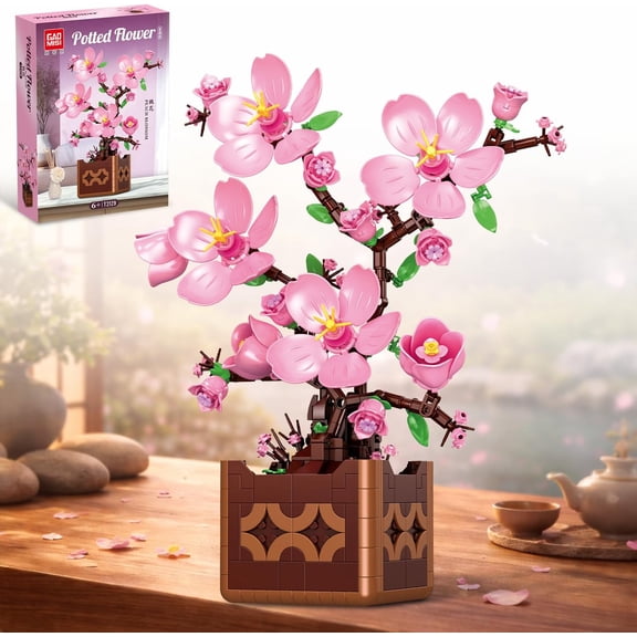 Pink Peach Cherry Blossom Building Block Set and Vase 632 pcs, Compatible with Lego