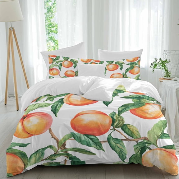 Pink Peach Comforter Set Twin Size, Green Leaf Spring Fruit Branch Country Style Soft Bedding Set for Man Woman, 4 Pieces Duvet Cover Set with Fitted Sheet, 2 Pillowcases