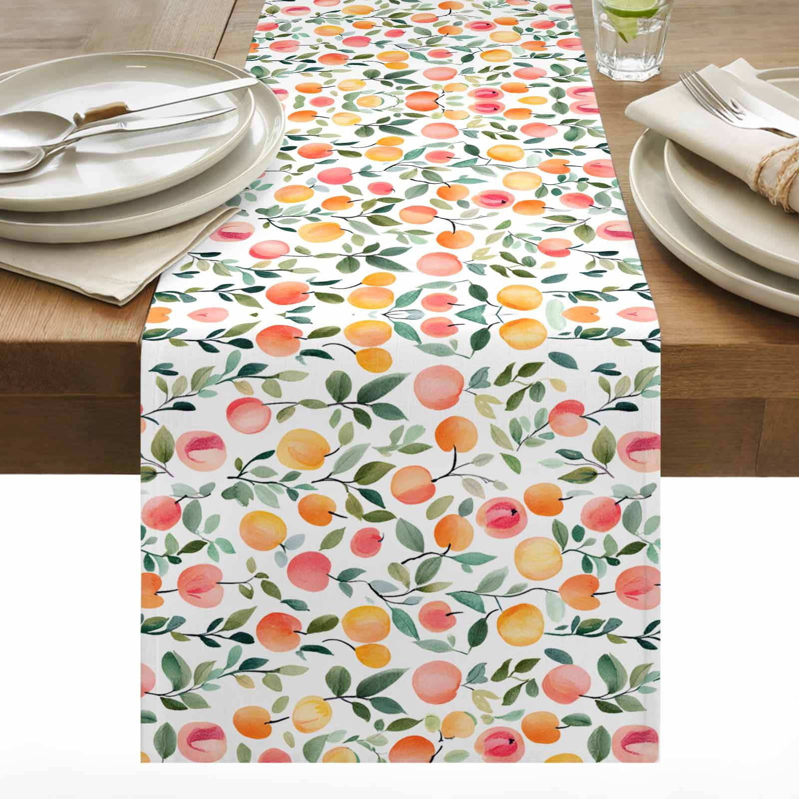 Pink Peach Cotton Linen Table Runner Country Style Spring Fruit Green Leaf Dining Table Runners for Home Decor Party Dining Room Restaurant Kitchen 13" x 90"