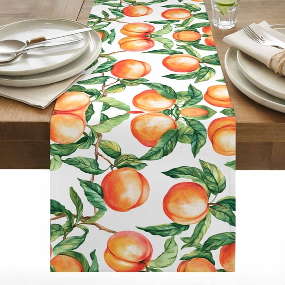 Pink Peach Cotton Linen Table Runner Green Leaf Spring Fruit Branch Country Style Dining Table Runners for Home Decor Party Dining Room Restaurant Kitchen 13" x 48"