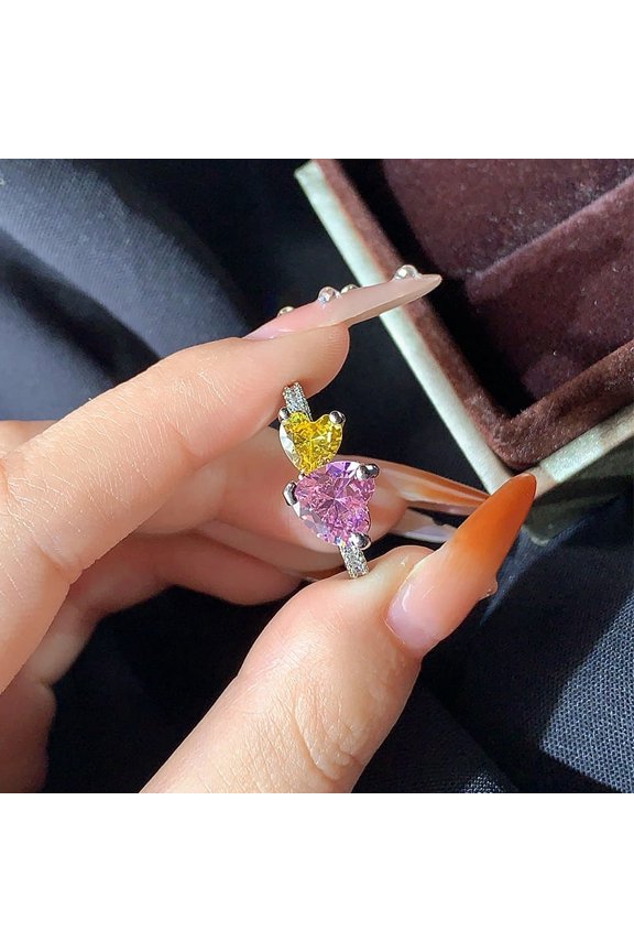 New Pink Peach Heart Simulation Diamond Claw Women's Ring Water Droplet Diamond Rose Gold Color Separation