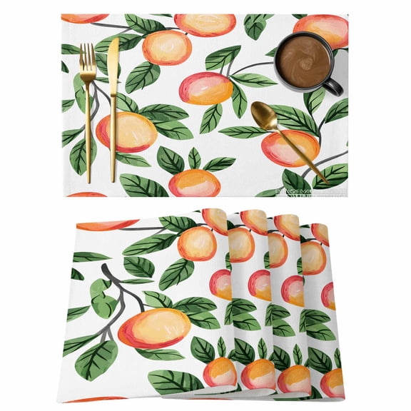 Pink Peach Placemats Set of 1, Green Leaf Country Style Spring Fruit Non-Slip Place Mats Washable Table Mats for Kitchen Dining Table Decorations Indoor/Outdoor