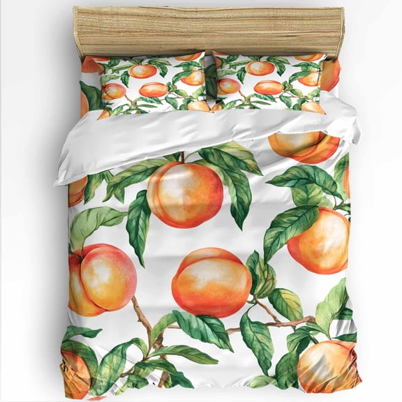Pink Peach Queen Size Comforter Set, Green Leaf Spring Fruit Branch Country Style Soft Bedding for All Seasons, 4 Pcs Bed Set with 1Comforter (90"x92") ,1 Sheet(94"x116"), 2 Pillowcases (19"x29")