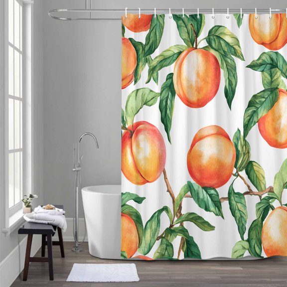 Pink Peach Shower Curtain for Bathroom Decor, Green Leaf Spring Fruit Branch Country Style Waterproof Fabric Shower Curtain, 72"x78" Set with 12 Hooks