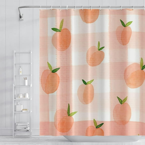 Pink Peach Shower Curtain for Girly Bathroom Dreamy Sweet Check Fruits Shower Curtain with Hooks Polyester Waterproof Fabric Home Bathtub Shower Curtain Decorative, 72x72 Inch
