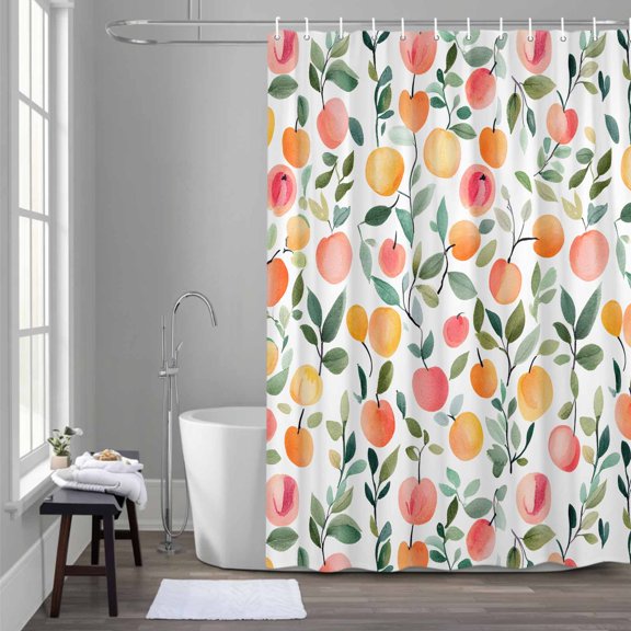 Pink Peach Shower Curtain for Bathroom Decor, Country Style Spring Fruit Green Leaf Waterproof Fabric Shower Curtain, 72"x84" Set with 12 Hooks