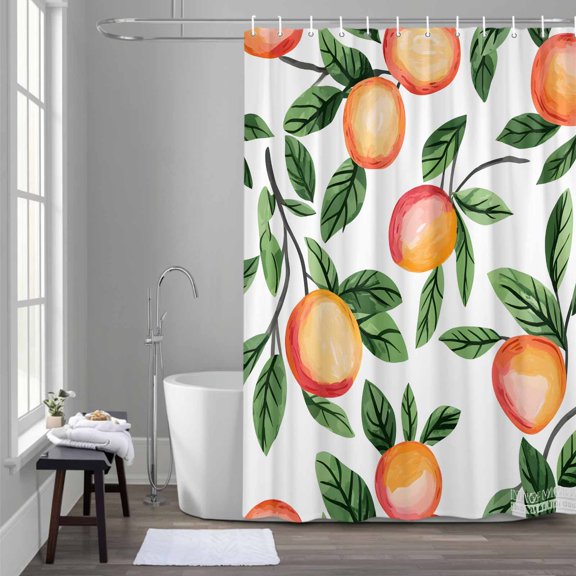 Pink Peach Shower Curtain for Bathroom Decor, Green Leaf Country Style Spring Fruit Waterproof Fabric Shower Curtain, 36"x78" Set with 12 Hooks