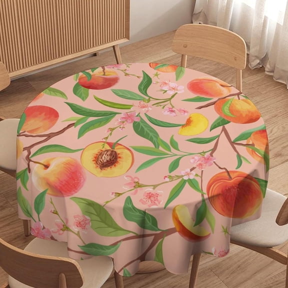 Pink Peach Tablecloth, Vintage Summer Tropic Fruits Leaves Flowers Table Cloth Cover for Holiday Home Picnic Party Wedding 60x60in