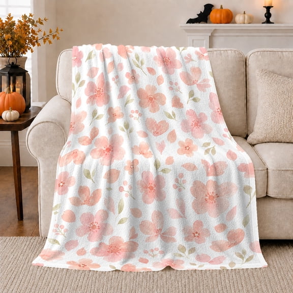 Pink Peach Watercolor Floral Bloom, Cozy Botanical Garden Scene, Warm Flannel Blanket for Sunroom and Reading Nook, Garden Lovers Valentine's Day Gift, Botanical Home Decor