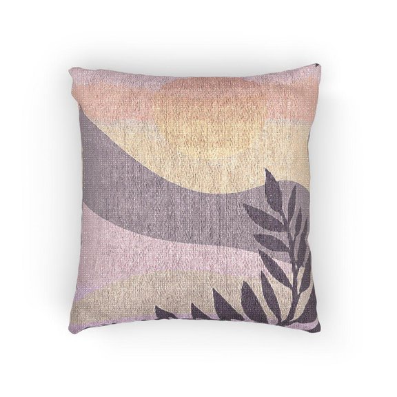 Pink, Peach and Purple Sunset Hills with Botanical Leaves Decorative Woven Pillow