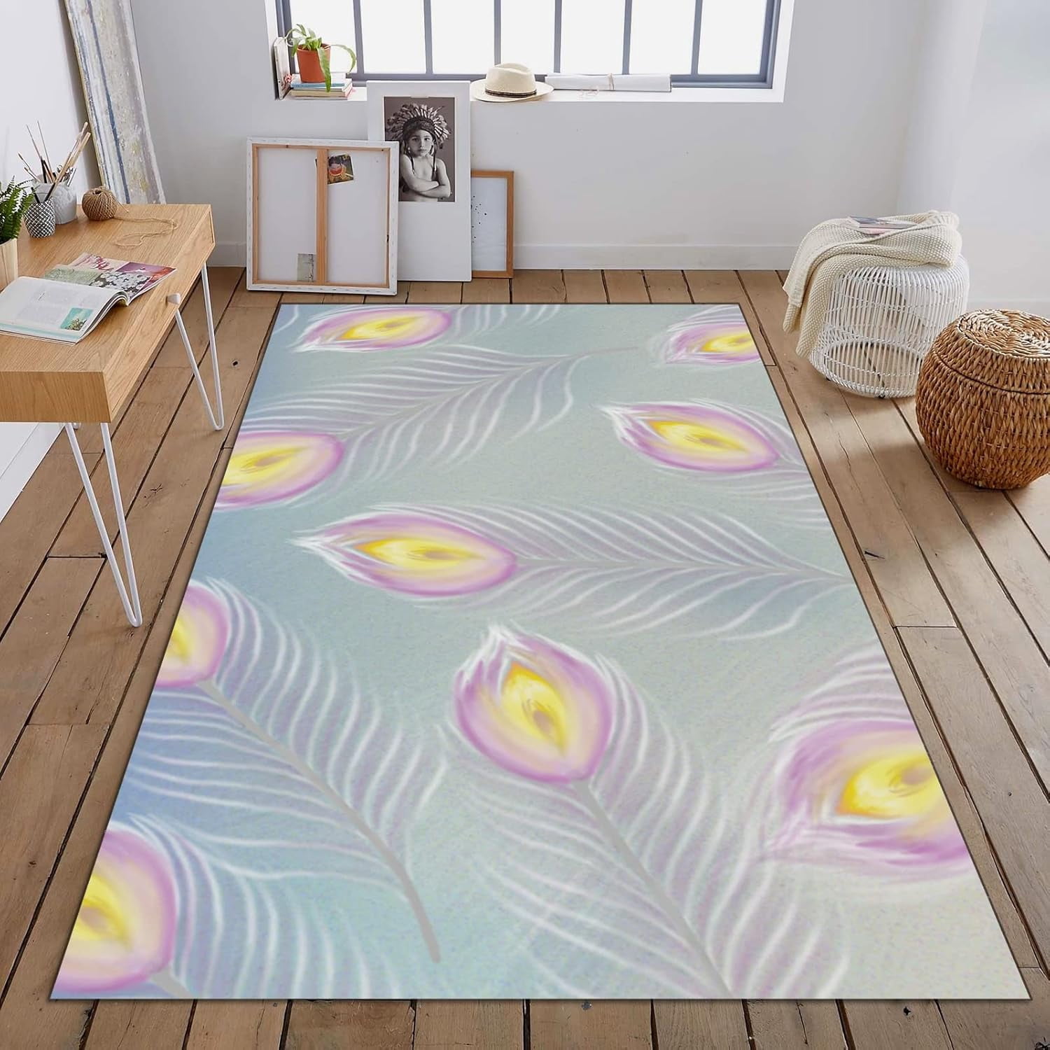 Pink Peacock Feather Rug, Simple And Cute Carpet, Porch Mat Fine Fluff ...